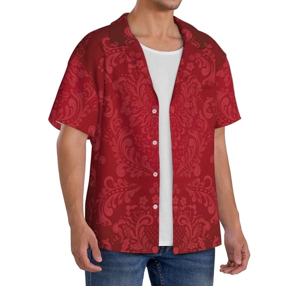 Lsque Vintage Burgundy print Men's Cuban Collar Short Sleeve Shirt Summer Beachwear Casual Button Down Fashionable Vacation Leisure Shirt-4X-Large
