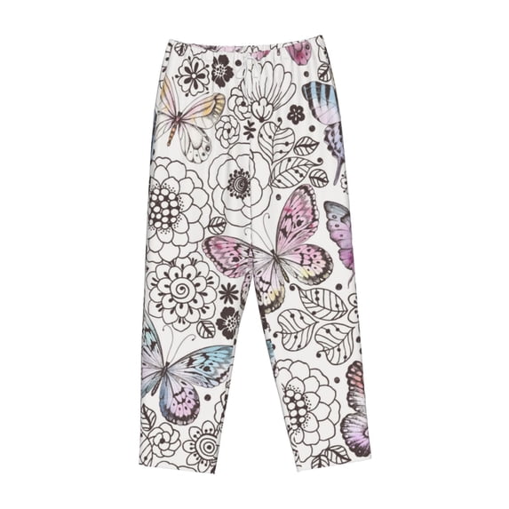 Lsque Vintage Butterflies Print Women's Pajama Pants, Lounge Pant - Comfortable Home Wear,Elastic Waistband, Stylish Design-Large