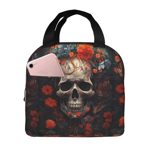 Lsque Vintage Butterfly Flower Skull Pattern Lunch Bag Women/Men Insulated Lunch Box,Small Leakproof Cooler Food Lunch Containers Reusable High Capacity Lunch Tote Bags