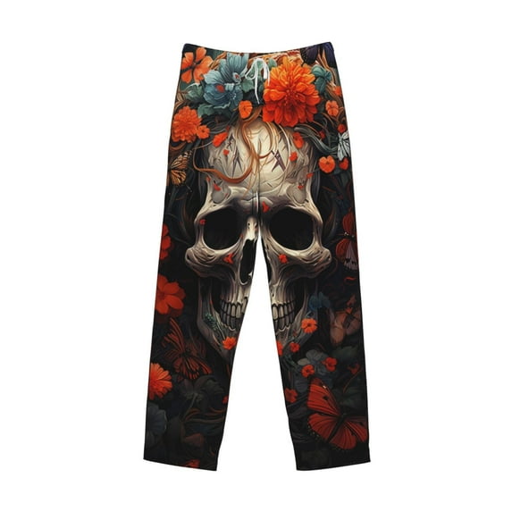Lsque Vintage Butterfly Flower Skull Print Men's Pajama Pants, Lounge Pant - Comfortable Home Wear,Elastic Waistband, Stylish Design-X-Large