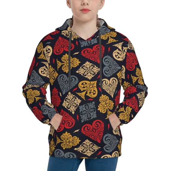 Lsque Vintage Card Patten Youth Hoodie Sweatshirt Pullover with Kangaroo Pocket Boys and Girls Hoodie Warm Hoodie for Kids-Large