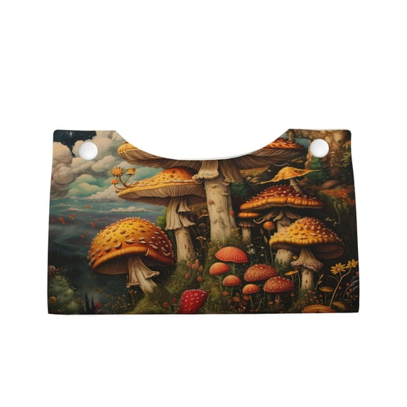 Lsque Vintage Cloud Mushroom Printed Long Tissue Box Cover Holder, Facial Paper Organizer Dispenser,Triangle with Bottom Belt, PVC Leather Decorative Organizer