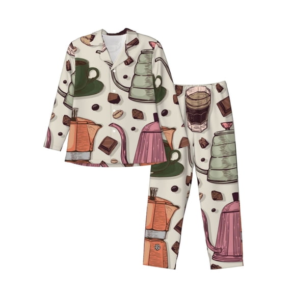 Lsque Vintage Coffee Pattern Long Sleeve Pajama Set for Men - Soft 2-Piece Sleepwear and Loungewear Set with Pockets, Comfy Nightwear-XX-Large