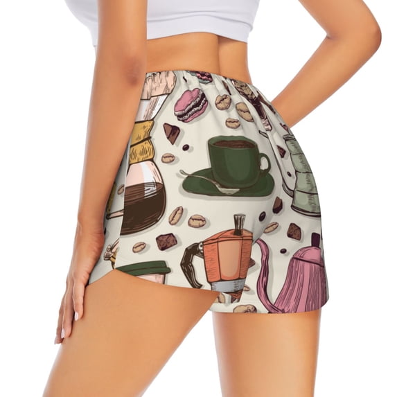 Lsque Vintage Coffee Printed Women's Running Shorts with Liner Pockets,Elastic Quick Dry Workout Athletic Gym Yoga Shorts,Womens High Waist Shorts-X-Large