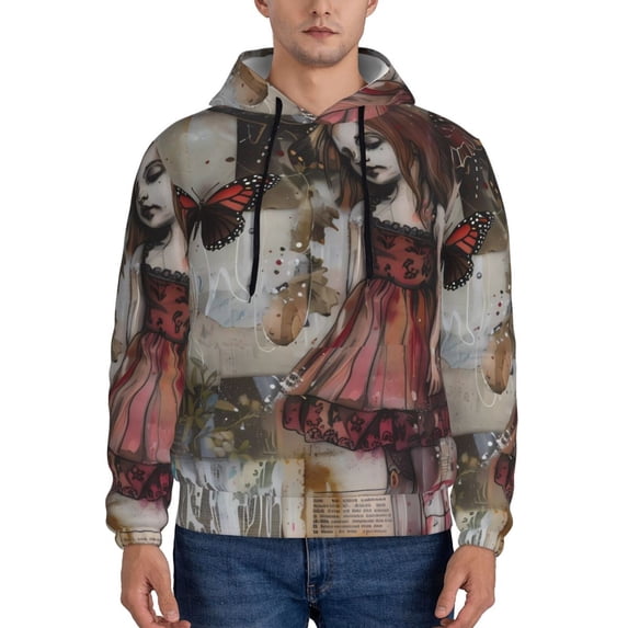 Lsque Vintage Collage Girl Butterfly Pattern Casual Men's Hoodie,Hooded Sweatshirt with Kangaroo Pocket,Pullover Hoodie-4X-Large