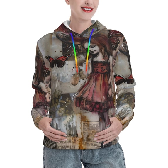Lsque Vintage Collage Girl Butterfly Pattern Casual Women's Hoodie,Hooded Sweatshirt with Kangaroo Pocket,Pullover Hoodie with Eye-catching Drawstrings-X-Large