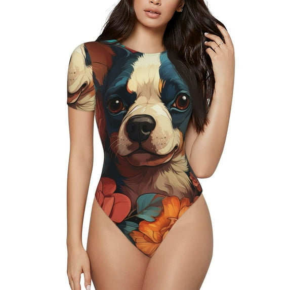 Lsque Vintage Colorful Flower French Bulldog Women's Crew Neck Short Sleeve Bodysuit Basic T Shirts Tops Onesie Adult Cute Pajama-XX-Large