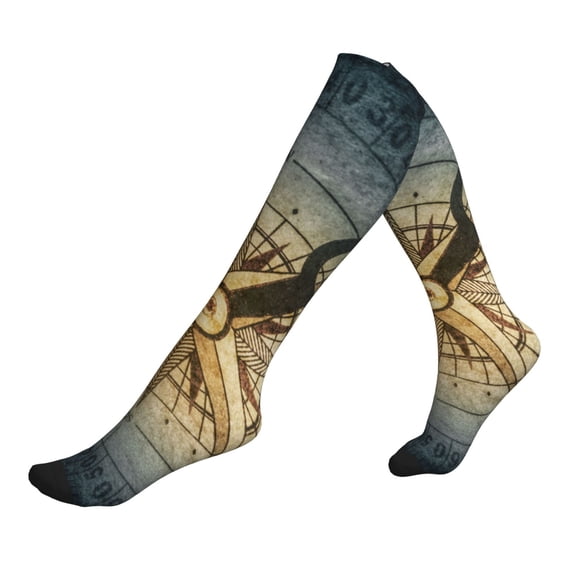 Lsque Vintage Compass Pattern Sport Compression Socks for Men & Women 15-20 mmHg Knee High Nurse Pregnant Running Medical and Travel Athletic