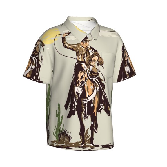 Lsque Vintage Cowboy Riding Horse pattern Hawaiian Shirt for Men, Unisex Summer Beach Casual Short Sleeve Button Down Shirts-X-Large