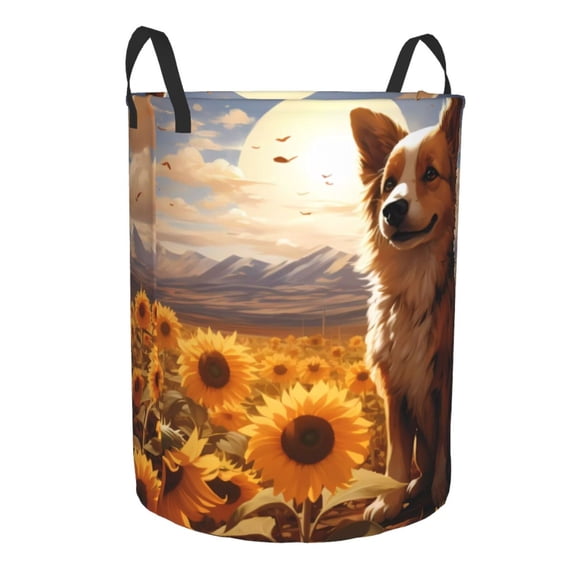 Lsque Vintage Cute Corgi Sunflower pattern Laundry Hamper Basket, Tall Woven Rope Hamper Basket for Clothes, Lightweight Storage Basket, Collapsible Waterproof-