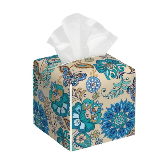 Lsque Vintage Floral Butterflies Printed Tissue Box Cover Holder, Facial Paper Organizer Dispenser,Square with Bottom Belt, PVC Leather Decorative Organizer