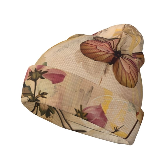 Lsque Vintage Floral Butterfly Collage Pattern Knitted Beanie, Unisex Winter Hat, Knit Hat Winter Beanies Thick Fisherman Beanies Cuffed Plain Skull Caps