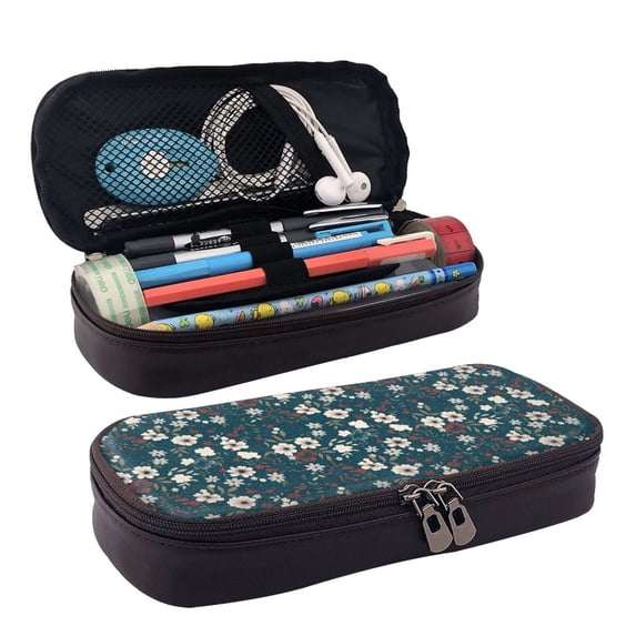Lsque Vintage Floral Printed Big Capacity PU Leather Pencil Case Large Pencil Pouch Stationery Pen Bag Pencil Holder for Teen