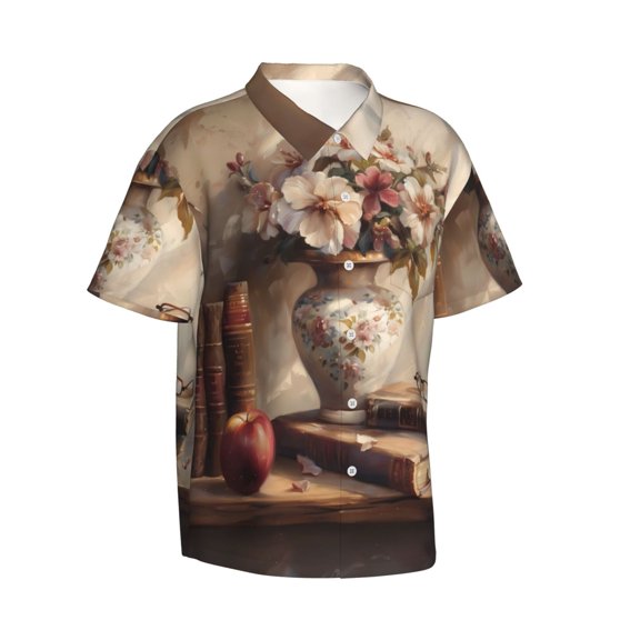 Lsque Vintage Floral Vase With Books pattern Hawaiian Shirt for Men, Unisex Summer Beach Casual Short Sleeve Button Down Shirts-Small