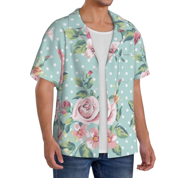 Lsque Vintage Floral print Men's Cuban Collar Short Sleeve Shirt Summer Beachwear Casual Button Down Fashionable Vacation Leisure Shirt-Medium