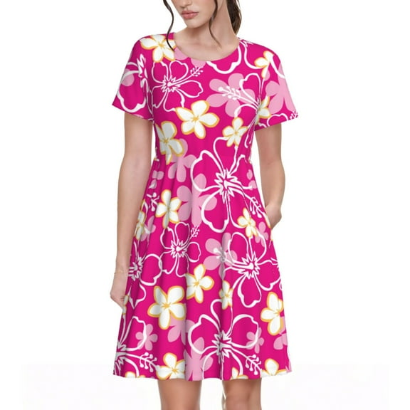 Lsque Vintage Flowers Print Women's Casual Dress T-Shirt Summer Short Sleeve Scoop Neck Swing Dresses