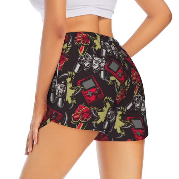 Lsque Vintage Gaming Printed Women's Running Shorts with Liner Pockets,Elastic Quick Dry Workout Athletic Gym Yoga Shorts,Womens High Waist Shorts-Large