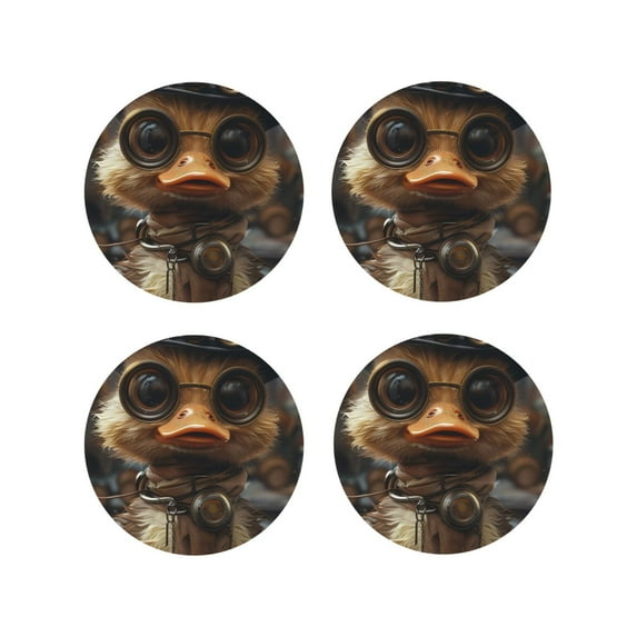 Lsque Vintage Gentleman Duck Pattern 4" Drink Coasters Set of 4, PVC Leather Absorbent Coasters, Table Coaster Set Decorative Coffee Cup Coasters Housewarming Gift -Round Shape