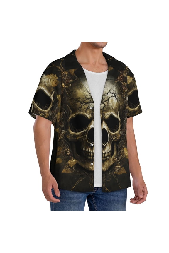 Vintage Gold Leaf Skull print Men's Cuban Collar Short Sleeve Shirt Summer Beachwear Casual Button Down Fashionable Vacation Leisure Shirt-X-Large