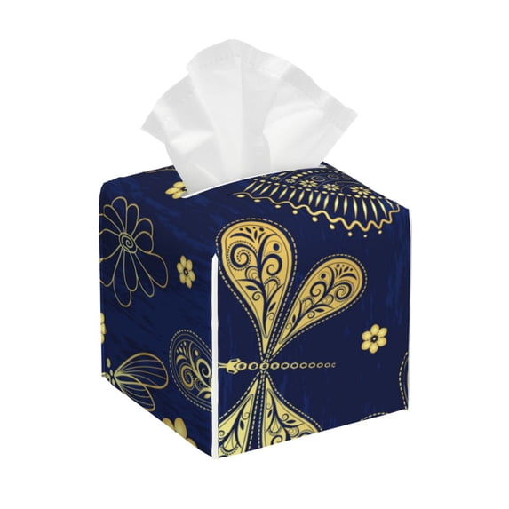 Lsque Vintage Golden Butterfly Printed Tissue Box Cover Holder, Facial Paper Organizer Dispenser,Square with Bottom Belt, PVC Leather Decorative Organizer