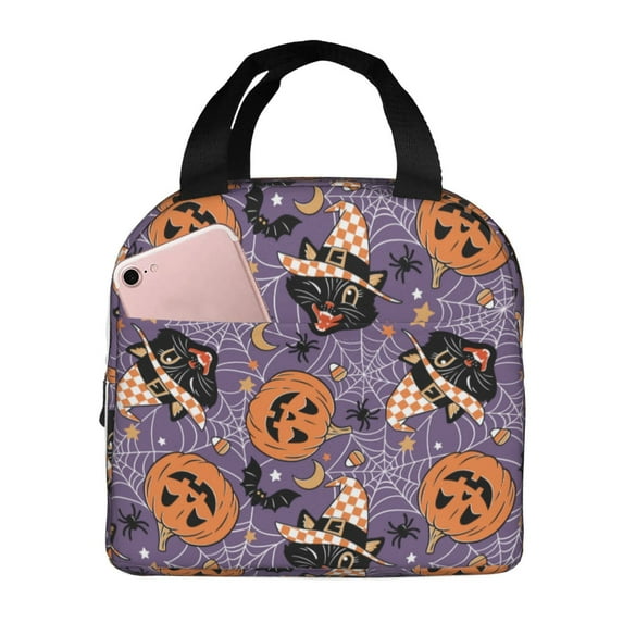 Lsque Vintage Halloween Black Cat Pattern Lunch Bag Women/Men Insulated Lunch Box,Small Leakproof Cooler Food Lunch Containers Reusable High Capacity Lunch Tote Bags