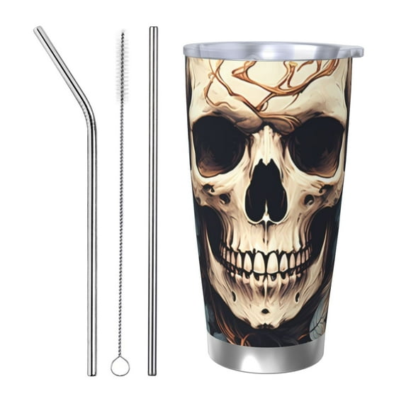 Lsque Vintage Leaf Flower Skull Pattern 20oz Car Cup with Lid and Straw, Insulated Coffee Cup with Straw Topper, Spill Proof Travel Coffee Mug, Stainless Steel Tumble-Straw Three-piece Set