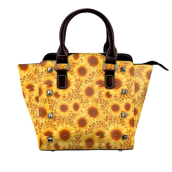Lsque Vintage Leopard Print Sunflower Pattern Leather Rivet Shoulder Bag – Elegant Genuine Leather & Microfiber PU Crossbody with Detachable Adjustable Strap