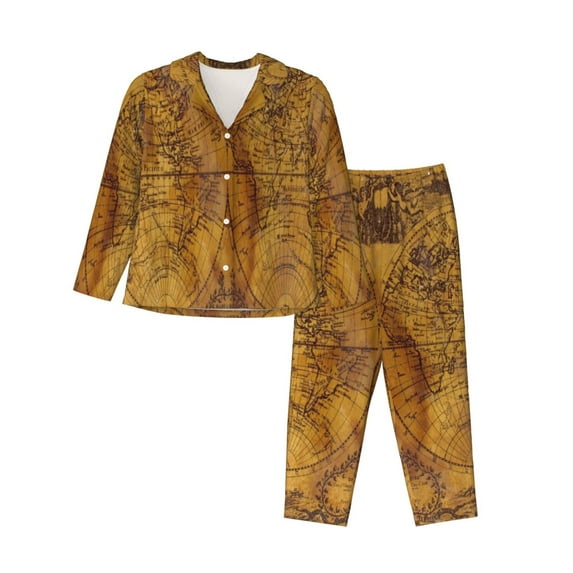 Lsque Vintage Map Pattern Long Sleeve Pajama Set for Women - Soft 2-Piece Sleepwear and Loungewear Set with Pockets, Comfy Nightwear-X-Large