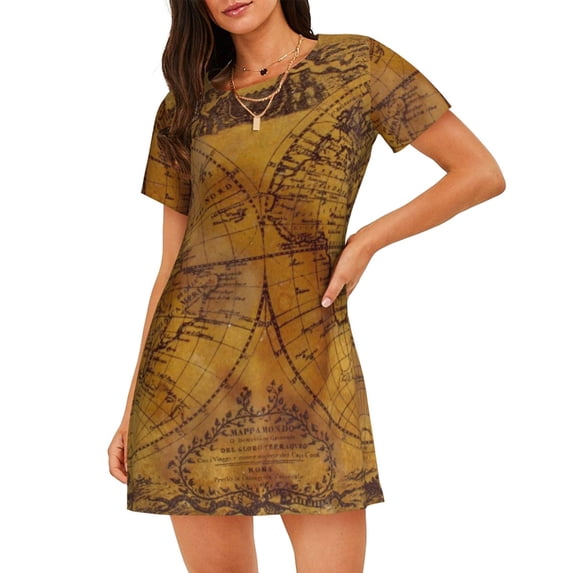 Lsque Vintage Map Pattern Nightgowns for Women Sleep Shirts Short Sleeve Nightshirt Pullover Nightdress Soft Sleepwear Relaxed Fit Nightdress