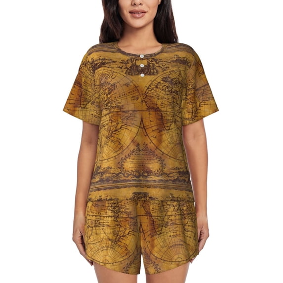 Lsque Vintage Map Women's Short-Sleeved Pajama Set - 2 Piece Soft and Lightweight Sleepwear Set-