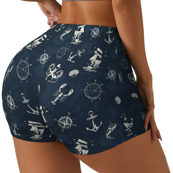 Lsque Vintage Marine Pattern High Waisted Biker Shorts for Women-Tummy Control Fitness Athletic Workout Running Yoga Gym Shorts,Moisture-Wicking-XX-Large