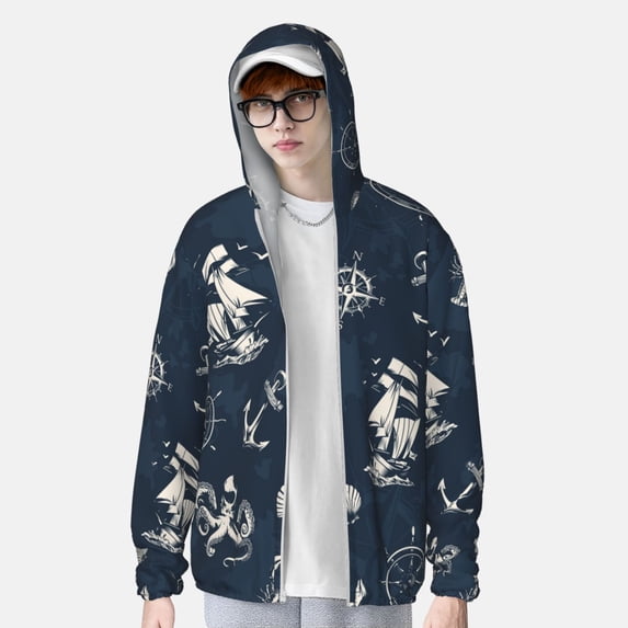 Lsque Vintage Marine UPF 50+ Lightweight Sun Protection Men's Women's Long Sleeve Shirt, Hoodie Performance -XX-Large