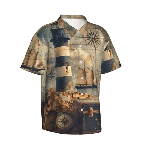 Lsque Vintage Nautical Lighthouse pattern Hawaiian Shirt for Men, Unisex Summer Beach Casual Short Sleeve Button Down Shirts-Small
