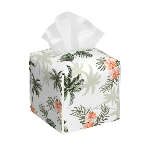 Lsque Vintage Palm Trees Printed Tissue Box Cover Holder, Facial Paper Organizer Dispenser,Square with Bottom Belt, PVC Leather Decorative Organizer