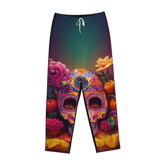 Lsque Vintage Patterned Skull Print Women's Pajama Pants, Lounge Pant - Comfortable Home Wear,Elastic Waistband, Stylish Design-XX-Large