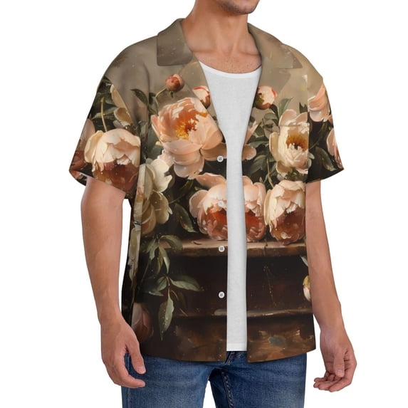 Lsque Vintage Peonies Rustic Charm print Men's Cuban Collar Short Sleeve Shirt Summer Beachwear Casual Button Down Fashionable Vacation Leisure Shirt-3X-Large