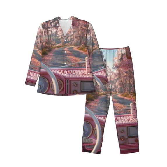Lsque Vintage Pink Drive View Pattern Long Sleeve Pajama Set for Men - Soft 2-Piece Sleepwear and Loungewear Set with Pockets, Comfy Nightwear-X-Large