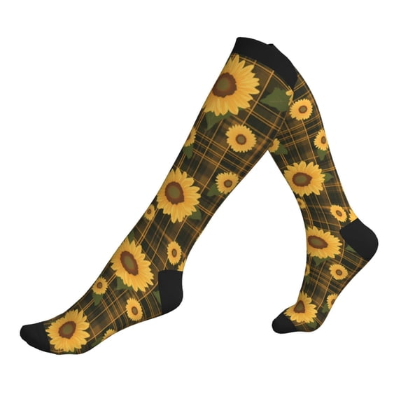 Lsque Vintage Plaid Sunflower Pattern Sport Compression Socks for Men & Women 15-20 mmHg Knee High Nurse Pregnant Running Medical and Travel Athletic