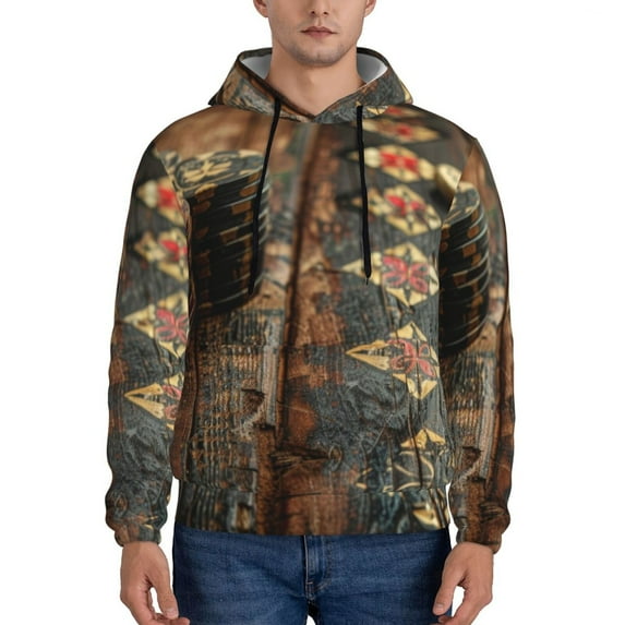 Lsque Vintage Poker Chips Pattern Casual Men's Hoodie,Hooded Sweatshirt with Kangaroo Pocket,Pullover Hoodie-Large