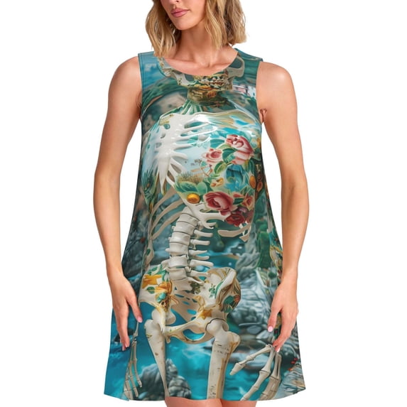 Lsque Vintage Print Island Skull Pattern Summer Dresses for Women – Sleeveless T-Shirt Swing Sundress, Perfect for the Beach and Casual Days