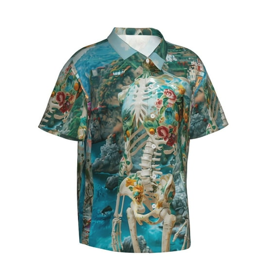 Lsque Vintage Print Island Skull pattern Hawaiian Shirt for Men, Unisex Summer Beach Casual Short Sleeve Button Down Shirts-Medium
