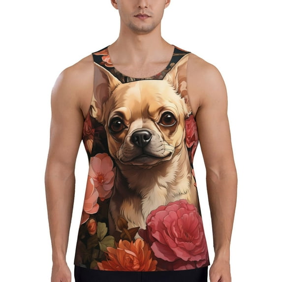 Lsque Vintage Red Flower Chihuahua Pattern Mens Tank Tops Muscle Athletic Quick Dry Sleeveless Workout Fitness T Shirts Beach Tank Top, Loose-fit Sleeveless Shirt for Men-Medium