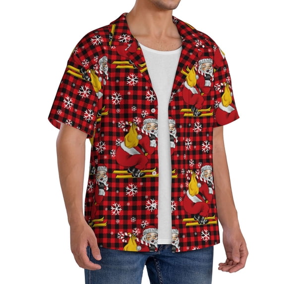 Lsque Vintage Santa Skiing Red Plaid print Men's Cuban Collar Short Sleeve Shirt Summer Beachwear Casual Button Down Fashionable Vacation Leisure Shirt-Medium