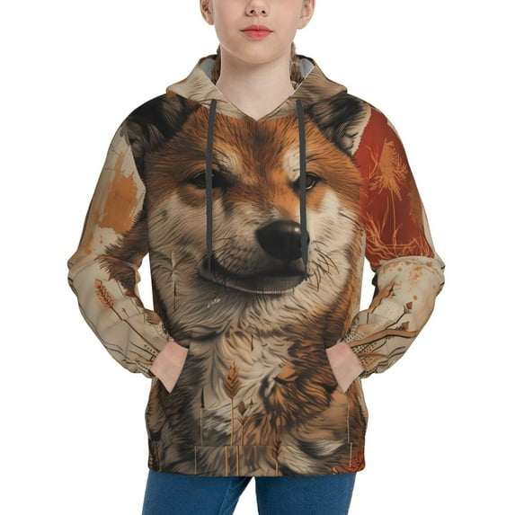 Lsque Vintage Shiba Inu Art Patten Youth Hoodie Sweatshirt Pullover with Kangaroo Pocket Boys and Girls Hoodie Warm Hoodie for Kids-Large
