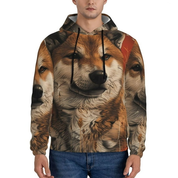 Lsque Vintage Shiba Inu Art Pattern Casual Men's Hoodie,Hooded Sweatshirt with Kangaroo Pocket,Pullover Hoodie-Large