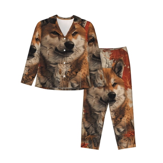 Lsque Vintage Shiba Inu Art Pattern Long Sleeve Pajama Set for Women - Soft 2-Piece Sleepwear and Loungewear Set with Pockets, Comfy Nightwear-Large