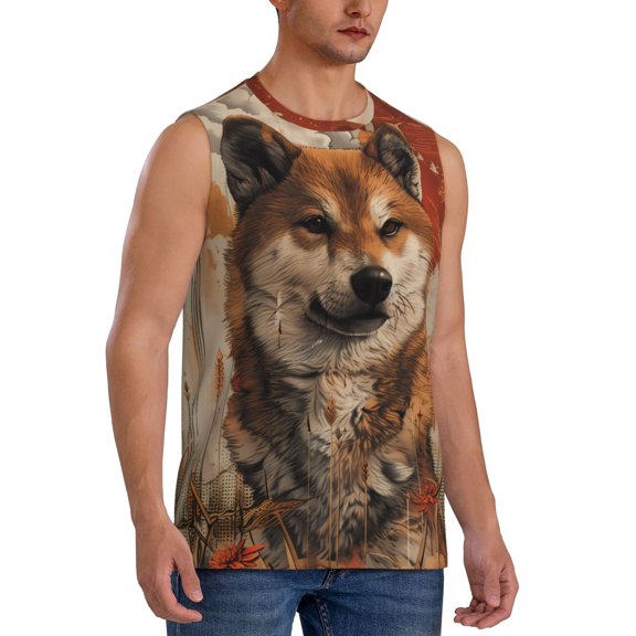 Lsque Vintage Shiba Inu Art Print Men's Cotton Blend Sleeveless Muscle Shirts (S-3XL)- Moisture Wicking, Odor Protection, UPF 30 ,Small