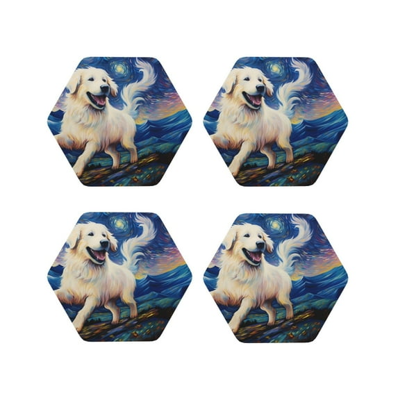 Lsque Vintage Starry Sky Puppy Pattern 4" Drink Coasters Set of 4, PVC Leather Absorbent Coasters, Table Coaster Set Decorative Coffee Cup Coasters Housewarming Gift -Hexagon