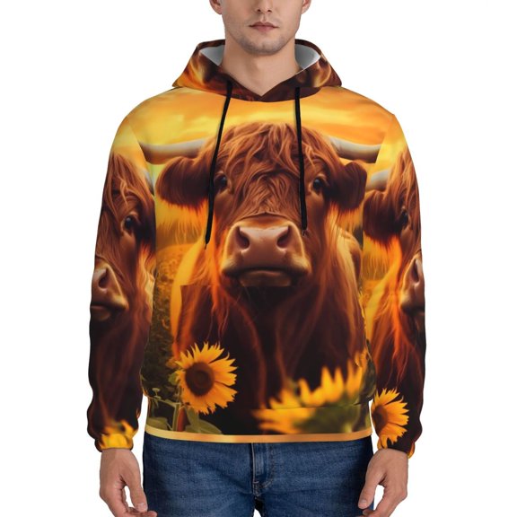 Lsque Vintage Sunflower Cow A Pattern Casual Men's Hoodie,Hooded Sweatshirt with Kangaroo Pocket,Pullover Hoodie-3X-Large