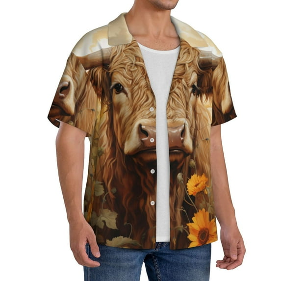 Lsque Vintage Sunflower Cow print Men's Cuban Collar Short Sleeve Shirt Summer Beachwear Casual Button Down Fashionable Vacation Leisure Shirt-Large